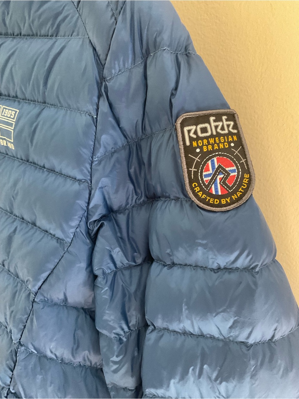 Rokk Norwegian Norway Men's Down hooded Puffer Jacket Navy Blue 21”x26” unisex - Picture 3 of 10